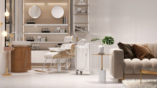 Modern and elegant interior design of professional beauty salon and spa with luxury styling chair, facial and hair treatment machine, cosmetic products shelf and reeded glass partition with sofa