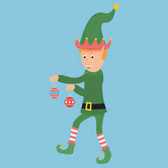 christmas character of elf who sneaking and holding glass toys in his hands
