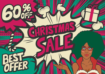 60%off Winter sale typography pop art background, an explosion in comic book style. Sexy woman in glasses with a Santa clause costume. 