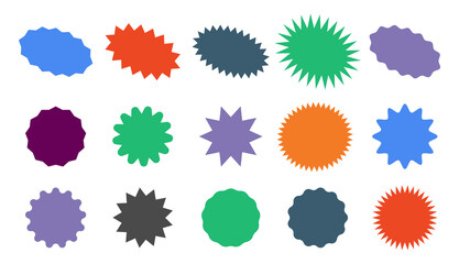 Starburst colorful tag. Star burst badge vignette. Vector simple pink red green blue round collection.