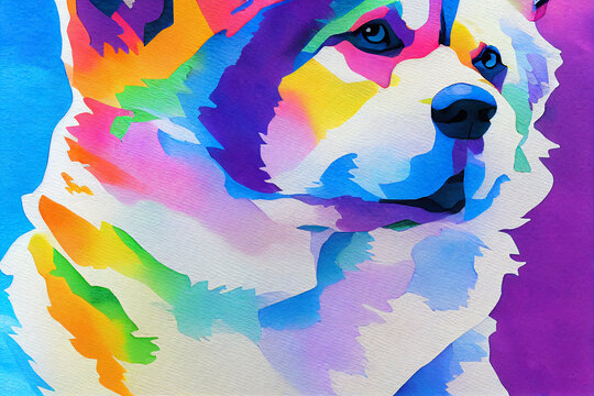 husky dog with made out of ornamental colorful playful watercolor