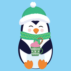 christmas character of penguin wearing in green hat and scarf with cup of cocoa in hands