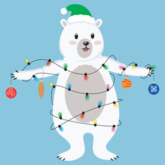 christmas character of white bear wearing in green hat and garland with christmas toys
