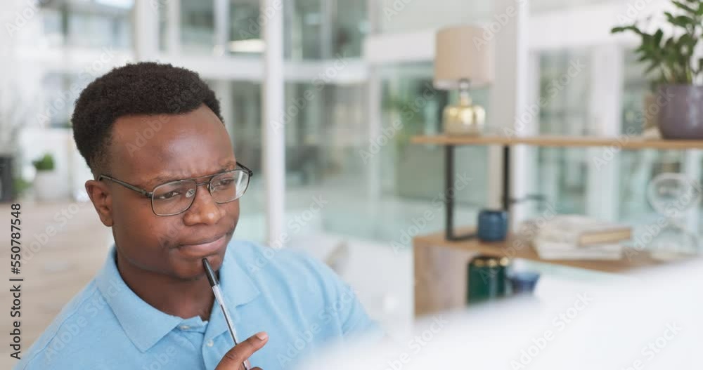 Poster black man, business and thinking with information technology problem, confused with system fail or g