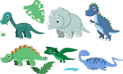 Pack of cartoon dysnosaurs in delicate colors