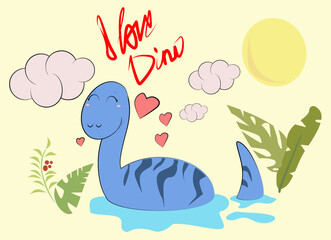 Naklejka premium cartoon dinosaur standing in water and inscription I love dinosaurs