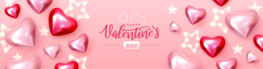 Happy Valentines Day  typography poster with 3D pink and red love hearts. Vector illustration