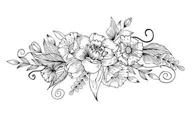 Flower arrangement. Hand drawing. For wedding decor, holiday invitations, backgrounds, as clipart or coloring	