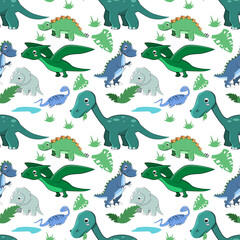 Patern of different dinosaurs drawn in cartoon style