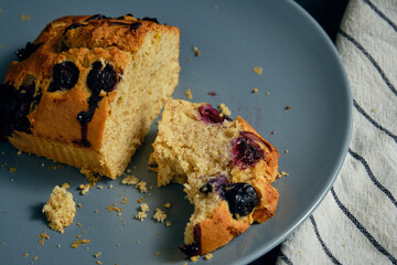 sponge cake with blueberries on a plate