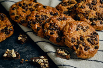chocolate chip cookies on a dark background