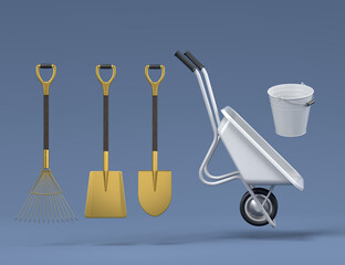 Garden wheelbarrow with garden tools like shovel, rake and fork on grey