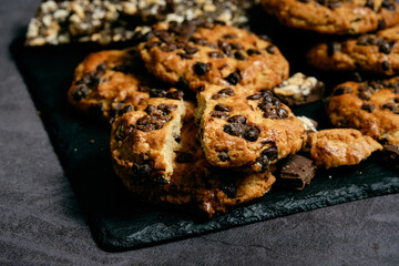 chocolate chip cookies on a dark background