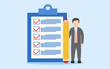 AN EMPLOYEE WITH A PENCIL HAS COMPLETED ITS ASSIGNMENTS.  CONCEPT OF JOB DONE, REACHING GOALS, SETTING PLANS OR AGENDA, STRATEGY DEVELOPMENT. VECTOR ILLUSTRATION OF WORKER WHEN HE FINISH HIS JOB.