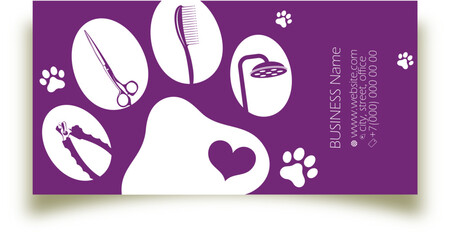Grooming and pet care. Animal footprint silhouette and animal care tool. Grooming business card template