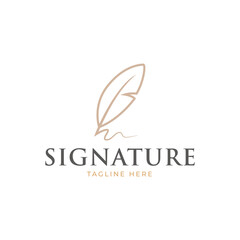Feather signature logo design. Minimalist feather ink logo template.