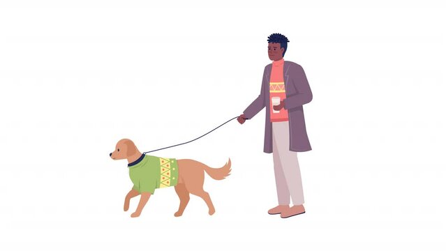Animated man with dog character. Walk with pet. Wintertime. Full body flat person on white background with alpha channel transparency. Colorful cartoon style HD video footage for animation