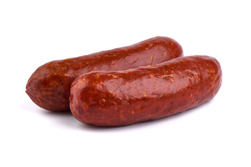 Smoked pork sausages, isolated on white background.