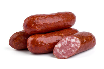 Smoked german sausages, isolated on white background.