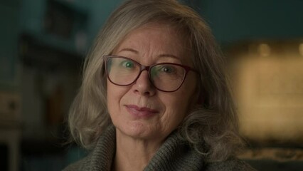 Senior Grey-haired Woman Portrait. Elderly woman smiling looking at camera. Mature female at home.