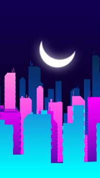 Colorful 2D cartoon-like city buildings animation night time, with a moon rising in the sky, 4K 60FPS. Vertical Video.