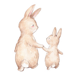Watercolor Illustration of Dad and baby bunny walking together. Cartoon rabbits. Rear view of a beige rabbits family. Happy mothers day card. Fathers Day. Watercolor illustration.
