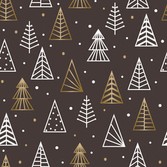 Design of Christmas background with golden trees. Seamless pattern. Vector illustration