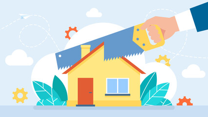 Property Division or Section Concept. Man holding a saw in hand cut house. The symbol of the dissolution of the marriage contract. Property division. Real Estate Divide. Flat Vector Illustration