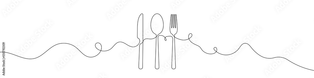 Canvas Prints spoon, fork and knife in continuous line drawing style. line art silhouette of cutlery. vector illus