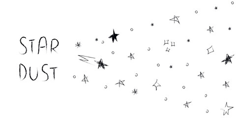 Doodle cosmos illustration set in childish style, design clipart. Hand drawn abstract space star dust. Black and white.