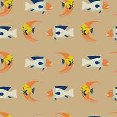Hand drawn surreal exotic fish pattern. Tropical cartoon fish repeat background. Abstract underwater animals for clothes, textile, fabric, print, craft, wallpaper, card. Vector iluustration