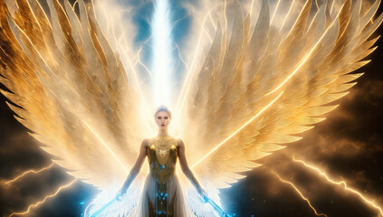 fantasy glowing blue angel woman with wings standing in front of a lightning background with a sword in her hand and a glowing halo