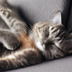a grey cat that is laying down on a couch