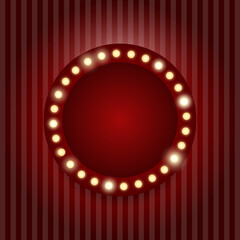 Red retro billboard background with round frame and light bulbs