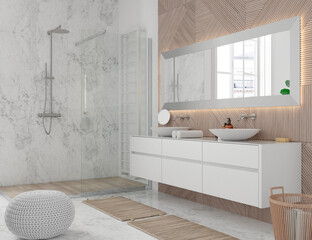 Modern bathroom interior with wooden decor in eco style. 3D Render
