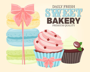 Sweet bakery label with cupcakes. Cute vintage style.