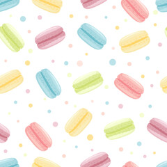 Macaroons seamless pattern. Cute candy macaron print. Cartoon bakery biscuits. 