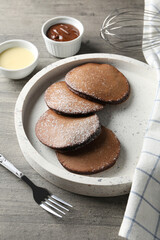 Concept of sweet food, tasty chocolate pancakes