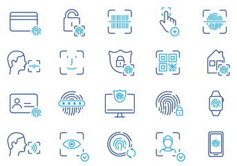 Biometric Identification Line Icon Set. Face ID, Touch ID Color Pictograms. Fingerprint, Facial Identity Password Outline Symbol. Security Verification. Editable Stroke. Isolated Vector Illustration