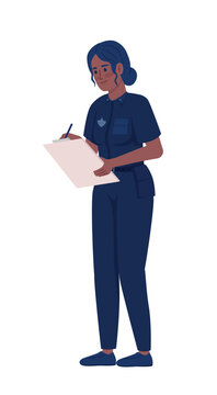 Female police officer writing on clipboard semi flat color vector character. Editable figure. Full body person on white. Simple cartoon style illustration for web graphic design and animation