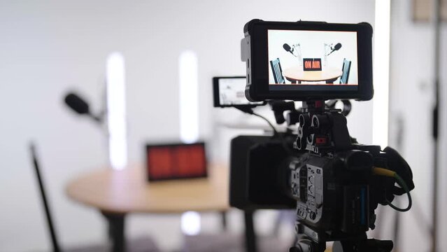 Behind the camera recording podcast studio on air, white background 4K