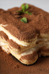 Concept of sweet food, Tiramisu cake, close up