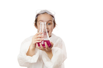 Detail: smart little girl hands holding a flat-bottomed flask with purple liquid, while doing chemical experiments in chemistry class, isolated on white background with copy space for advertising text
