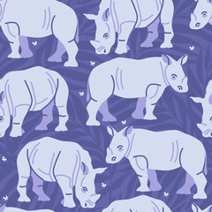 Vector seamless pattern with rhinos in the night savanna