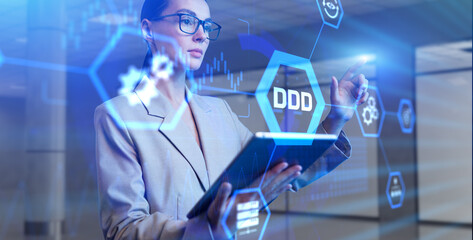 DDD Domain-driven design development concept. Young business woman pressing button on virtual...
