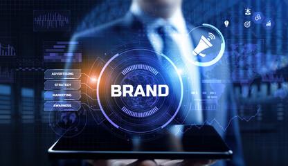 Fototapeta na wymiar Brand development marketing strategy concept. Businessman pressing button on screen.