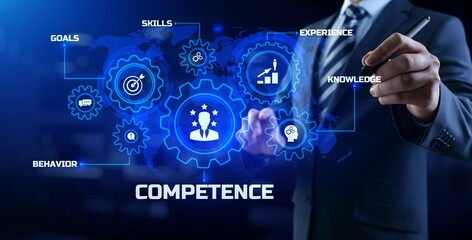 Fototapeta premium Competence skills business and personal development concept. Businessman pressing button on screen.