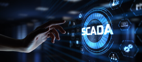 SCADA system Supervisory Control And Data Acquisition technology concept. Hand pressing button.