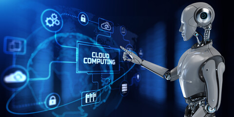 Cloud technology computing concept. Robot pressing button on screen 3d render.