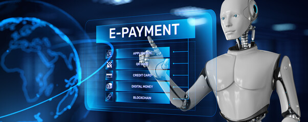 E-payment digital money internet banking. Robot pressing button on screen 3d render.